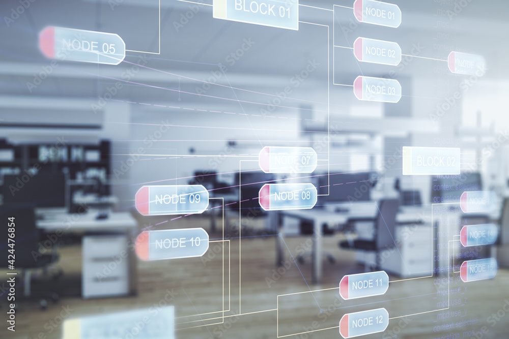 Poster double exposure of abstract programming language interface on modern corporate office background, re