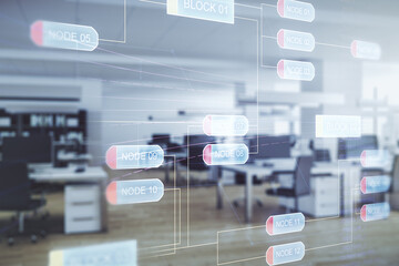 Fototapeta premium Double exposure of abstract programming language interface on modern corporate office background, research and development concept