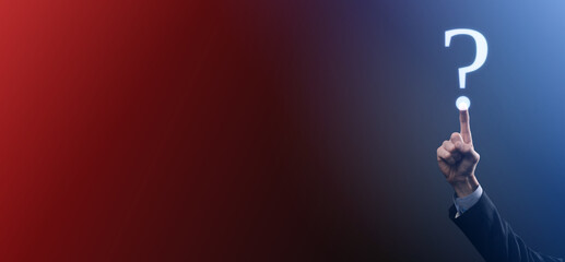 Businessman man hand hold interface question marks sign web. Ask quiestion online, FAQ concept, what where when how and why, search information on internet