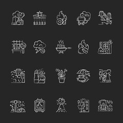 Air pollution chalk white icons set on black background. Fighting pollution disaster problems. People damaging own home. Humanity problem. Isolated vector chalkboard illustrations