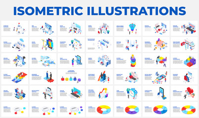 Isometric 3d illustrations set. Startup, business, seo, analysis data, recruiting and social media with characters - obrazy, fototapety, plakaty