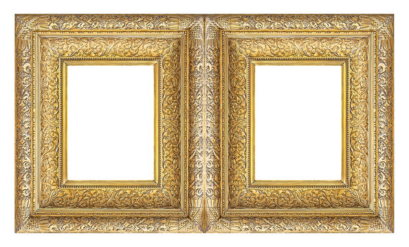 Double golden frame (diptych) for paintings, mirrors or photos isolated on white background. Design element with clipping path