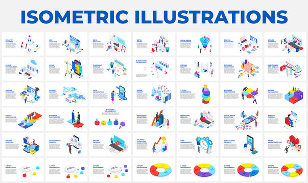 Isometric 3d illustrations set. Startup, business, seo, analysis data, recruiting and social media with characters