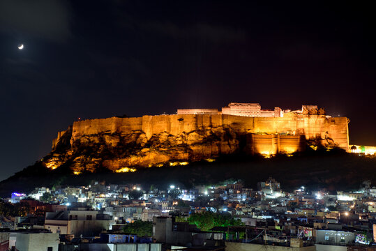 Night view of Mehrangarh Fort in Jodhpur, India