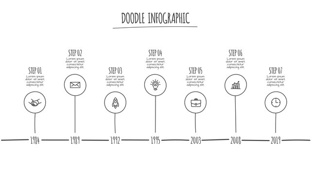 Doodle infographic elements with 7 options. Hand drawn icons. Thin line illustration
