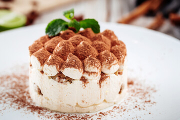 Closeup on tiramisu dessert with mint on a white plate