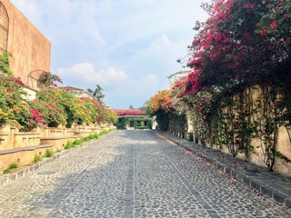 The quiet wide cobbled streets of the small colonial town of Antigua, Guatemala