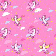 Seamless pattern with cute magical unicorns in the sky with colorful clouds and stars.