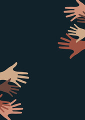 Raised hands, open palms. The concept of charity, volunteering, love, kindness, equality, racial and social issues. Vector illustration