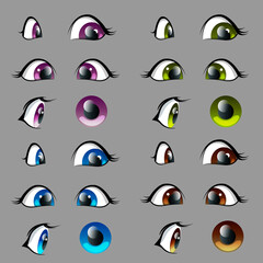 Set of cartoon character anime eyes at different angles of blue, green, purple, brown colors. Vector illustration of female, baby eyes isolated from the background.
