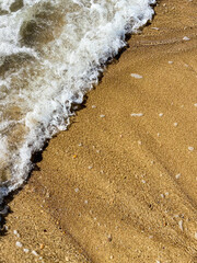 Close-up of the sea coast, clear sea water with shallow waves and a narrow strip of white foam with bubbles washes the shore with a smooth brown sandy surface. High quality photo