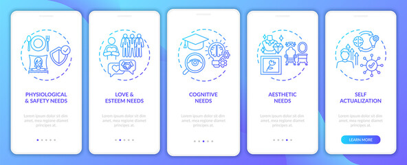 Fototapeta na wymiar Human being needs navy onboarding mobile app page screen with concepts. Psychology walkthrough 5 steps graphic instructions. UI, UX, GUI vector template with linear color illustrations