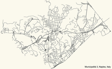 Black simple detailed street roads map on vintage beige background of the quarter 3rd municipality (San Carlo all'Arena, Stella) of Naples, Italy