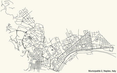 Black simple detailed street roads map on vintage beige background of the quarter 2nd municipality (Avvocata, Mercato, Montecalvario, Pendino, Porto, San Giuseppe) of Naples, Italy
