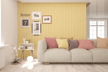 Colorful living room with sofa. Scandinavian interior design. 3D illustration