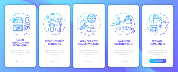 Self-improvement tools navy onboarding mobile app page screen with concepts. Personal challenge walkthrough 5 steps graphic instructions. UI, UX, GUI vector template with linear color illustrations