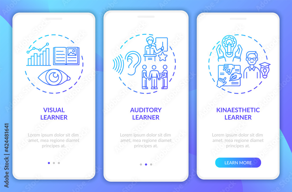 Poster learning styles navy onboarding mobile app page screen with concepts. education, studying strategy w