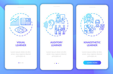 Learning styles navy onboarding mobile app page screen with concepts. Education, studying strategy walkthrough 3 steps graphic instructions. UI, UX, GUI vector template with linear color illustrations