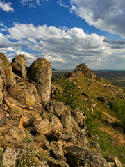 landscape with beautiful cloudy sky in Dobrogea, Romania - aerial view