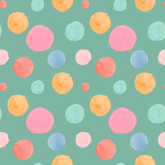 Watercolor seamless pattern with abstract shapes in a delicate hue.Children's print on green isolated background with spots and blotches.Mixed media art.Designs for fabric,wrapping paper,textiles.