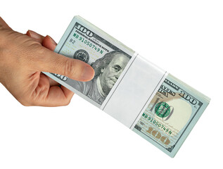 Male hand holding a hundred dollar in hand or man giving a hundred bucks dollar bill. Isolated on white background including clipping path.
