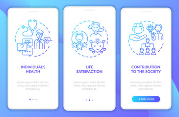 Positive adult development effects navy onboarding mobile app page screen with concepts. Self-growth walkthrough 3 steps graphic instruction. UI, UX, GUI vector template with linear color illustration
