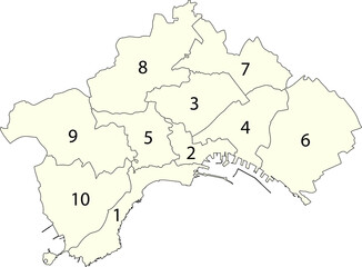Simple white vector map with black borders and names of municipalities of Naples, Italy