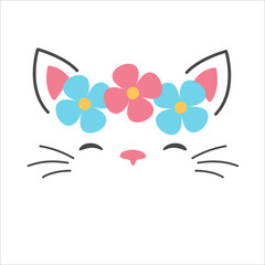 Cute cat face vector Decorate the head with colorful flowers. Isolated on background.