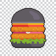 pixel art fast food black burger with topping double layer delicious beef and cheese on png background