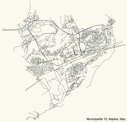 Black simple detailed street roads map on vintage beige background of the quarter 10th municipality (Bagnoli, Fuorigrotta) of Naples, Italy
