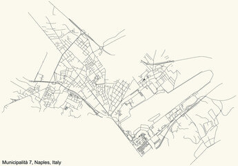 Black simple detailed street roads map on vintage beige background of the quarter 7th municipality (Miano, San Pietro a Patierno, Secondigliano) of Naples, Italy