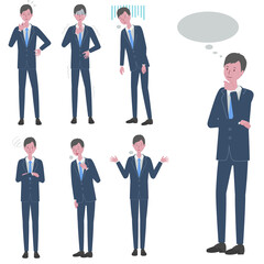 考え事をする・ネガティブな反応をする　青いスーツを着た男性のイラストセット