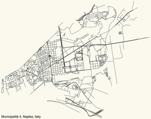 Black simple detailed street roads map on vintage beige background of the quarter 4th municipality (Poggioreale, San Lorenzo, Vicaria, Zona Industriale) of Naples, Italy