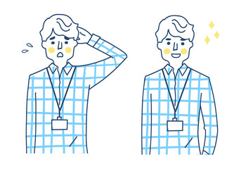 IDカードホルダーを胸に下げた男性　2表情