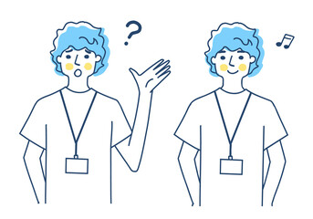 IDカードホルダーを胸に下げた男性　表情2パターン