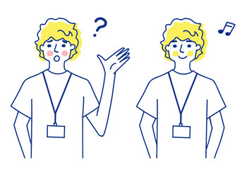 IDカードホルダーを胸に下げた男性　表情2パターン