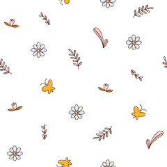 Floral boho seamless pattern, natural clipart for kids, cute nursery decor, neutral color illustration isolated on white. Vector