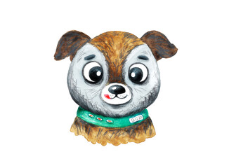 A cheerful puppy with big eyes and a green collar, illustrated with watercolors and colored pencils.
