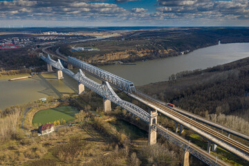 Aerial view of Cernavoda Bridge on A2 highway in Romania. The road to Black Sea. Historic...