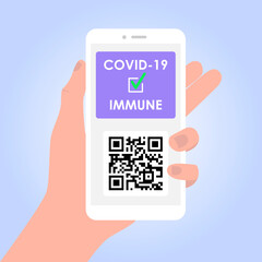 Vaccine passport. Template app for coronavirus Immune passport with QR code on smartphone screen. Hand holding smartphone. Vector illustration on isolated background.