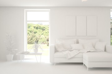 White living room with sofa and summer landscape in window. Scandinavian interior design. 3D illustration