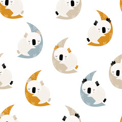 Seamless childrens hand-drawn pattern with cute sleeping koala on the moon. Creative kids texture for fabric, wrapping, textile, wallpaper, apparel. Vector illustration.