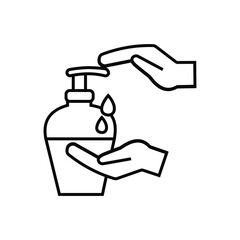 Hand disinfection. Liquid soap and hands in a black outline. Removal of microorganisms and dirt from the skin. Regular hand washing with soap and hand sanitizer. Vector graphics.