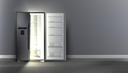 3d realistic vector open empty fridge with shelves in the room.