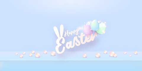 Happy Easter bright blue horizontal banner with soft 3d realistic egg on pastel blue background. Soft clay 3d style happy easter concept vector illustration. Happy easter background