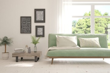 White living room with sofa and summer landscape in window. Scandinavian interior design. 3D illustration