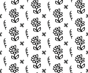 Seamless pattern with black ink floral leaves hand drawn doodle and abstract colored round shapes. Classic background, textile print ornament, fashion design vector element texture