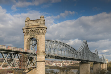 Obraz premium Cernavoda Bridge on A2 highway in Romania. The road to Black Sea. Historic infrastructure over Danube River.