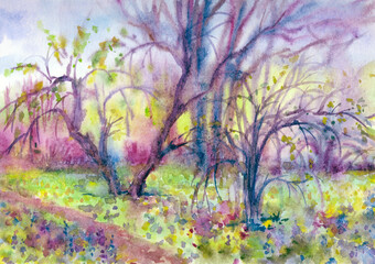 Obraz na płótnie Canvas A landscape of a spring garden in watercolor, a painting in an expressive impressionist manner, a print for a poster, book illustration, album cover, etc.
