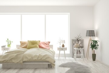 White bedroom interior. Scandinavian design. 3D illustration